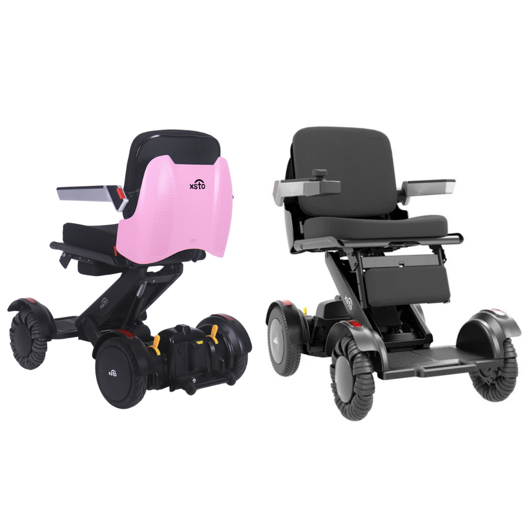 Two modern XSTO Mobility M4 Self-Balancing Powerchairs with APP Control are shown side by side. The left features a pink backrest, the right is mostly black with gray accents; both have thick wheels and armrests, perfect for travel mobility.
